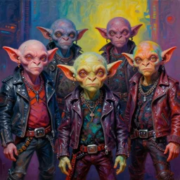 apocalyptic scifi squalor goblin characters standing together for a professional band photo, psychedelic vibrant colors, futuristic punk rock fashion, oil painting by michael whelan art, perfect faces, sharp focus, detailed eyes, realistic, leather jackets, 8 k