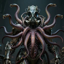biomechanical dieselpunk medusa in a gas mask, snakes, fangs, 4 k unreal engine 5 artstation cinematic moody lighting complex massive detail by emil melmoth h r giger brian froud gustave dore albrecht durer hieronymus bosch greg rutkowaki