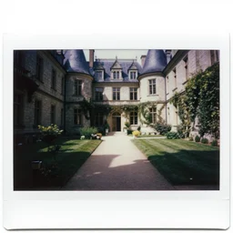 courtyard walkway in an overgrown castle, surreal, polaroid,