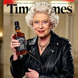 A photo of Queen Elizabeth wearing a punk leather jacket, she holds a Jack Daniels bottle in her hand, Times Magazine cover