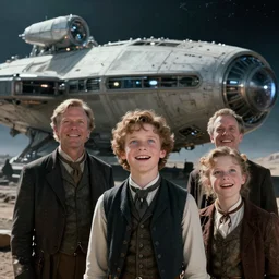 extremely sharp detailed, from blockbuster sci fi 8 k color movie freeze frame, set in 1 8 6 0, family standing in front of a crashed spaceship, on alien planet, looking happy, wearing 1 8 5 0 s era clothes, atmospheric lighting, in focus, reflective eyes, 3 5 mm macro lens, live action, nice composition, good photography, clear facial details