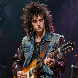 beautiful impasto portrait of a punk rock young man with long curly dark hair and a denim vest over a leather jacket playing guitar, as painted by winslow henry and rembrandt, octane render
