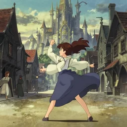 anime frames, anime visual, full body portrait of a young woman in the medieval city square looking at the fantasy palace in the distance, cute face by ilya kuvshinov, alphonse mucha, dynamic pose, dynamic perspective, rounded eyes, moody, kyoani, yoh yoshinari