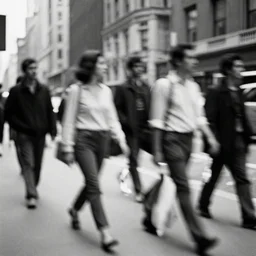 multiple people walking in the city by richard avedon. street photography. black and white. ilford delta. long exposure, motion blur.