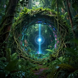 intergalactic stargate portal in the middle of a dense jungle, with vines and creepers wrapping around it, and strange glowing lights emanating from it by diego rivera