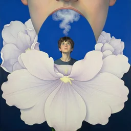 young boy looks at the sky from behind the guy's mouth, a puff of smoke falls, the guy's flowers are large, with soft line, symmetrical patterns, in style marco mazzoni, greg rutkowski, artgerm