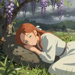 a beautiful southern woman named Savannah, innocent, somber turquoise eyes, freckles, long ginger hair tied with white ribbon, napping under wisteria on a farm, gentle lighting, storm in the distance, western clothing, dress, digital art by Makoto Shinkai ilya kuvshinov and Wojtek Fus, digital art, concept art,