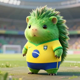 green hedgehog with Brazilian soccer team costume, CGI concept art