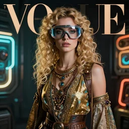 vertical portrait of ancient jew female with space glasses, blonde, curly hair, cyberpunk, native costume, standing in the dark room, under neon, extremely fine detail background, highly detailed, detailed eyes, high quality, fashion editorial photography, hyperrealistic, from vogue magazine, reflections, refraction, gold, teal, orange