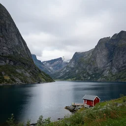 photorealistic picture of a fjord with a cabin far away, norwegian landscape, beautiful landscape