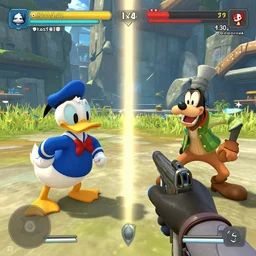 Fallout 4 inspired screenshot of kingdom hearts 3, Disney and final fantasy crossover, donald duck and goofy npc characters, Kingdom hearts styled gameplay, unreal engine 4, kingdom hearts 3, kingdom hearts, godrays, First person shooter game hud