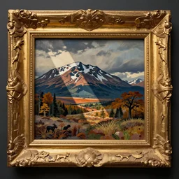 gilded frame with beautiful reliefs, very well carved, with aboriginal motifs of northern Patagonia, animals and nature of the patagonian aboriginal by gustav Dure,