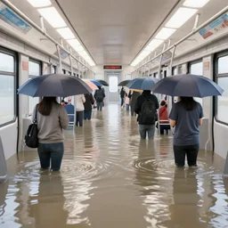 people with umbrellas, knee deep in flooded waters inside a train carriage