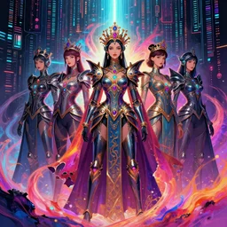 knights girls werings futuristic armor behind a wall of matrix, cyberpunk in synthwave aesthetic, sci - fi, illustration by atey ghailan, by greg rutkowski, by greg tocchini, by james gilleard, by joe gb fenton, symmetrical features, royally decorated, organic, whirling gasses, colorful torn nebulas, radiant vibrant colors