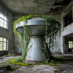 teleportation machine in an abandoned city, with vines growing over it and moss on the floor, as if it's been there for years, style of bauhaus