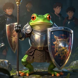 a frog, dressed as a knight, holding up a large shield, battle armor, atmospheric lighting painted intricate volumetric lighting, beautiful, sharp focus, ultra detailed by leesha hannigan, ross tran, thierry doizon, kai carpenter, ignacio fernandez rios, makoto shinkai, sharp, mindblowing, 4 k uhd, 8 k