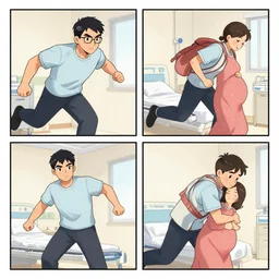 a serious 4 panel comic about a man rushing to the hospital looking for his pregnant wife