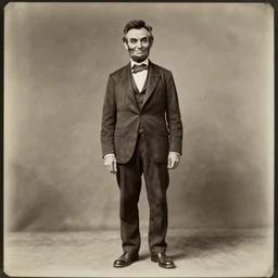 Abraham Lincoln !!happy and !!grinning, smiling, joyous, toothy grin, showing teeth, portrait, full body, symmetrical features, silver iodide, 1880 photograph, sepia tone, aged paper, Sergio Leone, Master Prime lenses, cinematic