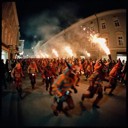 kodak portra 4 0 0, award winning dynamic fisheye photograph of hundreds of running hazardous krampus, pelzebug, devils, by robert capas, in muted colours, striped orange and teal, motion blur, on a street in salzburg at night with colourful exploding pyro fire and torches