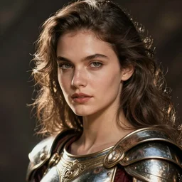 close - up portrait of beautiful model dressed gladiator with metallic armor, art by moebius