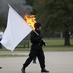 a soldier wearing black clothes burning a white flag