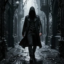 an assassin walking in a dark gothic alley at night, high - key lighting, beautiful composition, intricate, gradient from black to silver, pro photography by, highly detailed, digital painting, art by artgerm and greg rutkowski and alphonse mucha, smooth, sharp focus illustration
