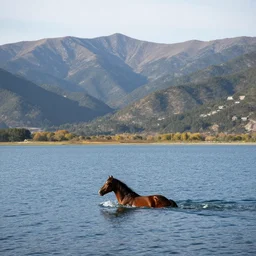 horse swiming through large lake!!, mountains in the background, huge view panoramic, beautiful landscape