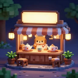 3 d pixel art, cute teahouse at night, octane render, houdini render, 8 k