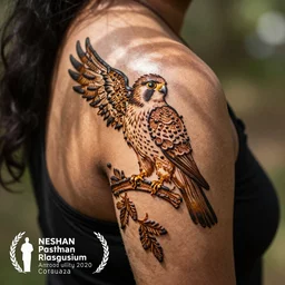 kestrel henna artwork on a shoulder blade