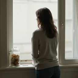 waits at the window wearing the face that she keeps in the jar by the door 'Who is it for?'