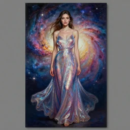 full - length portrait of a young woman with long hair, wearing a flowing sparkling reflective sundress, standing in front of a colorful starry galaxy, detailed face, fantasy, cinematic lighting, digital art painting, fine details by realistic shaded lighting poster by ilya kuvshinov katsuhiro otomo, magali villeneuve, artgerm, jeremy lipkin and michael garmash and rob rey