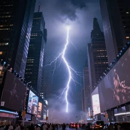 realistic photo of ball lightning in the center of times square at night, detailed, ball lightning, fog