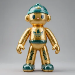 accurate detailed pvc inflatable gold & teal colored tall action figure god, full body, futuristic, concept art, character only, detailed art, adidas streetwear, figurine!!!, studio lighting, grey background, no shadow, trending on artstation, 4 k, sharp, highly - detailed, focus on face!!!