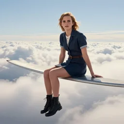 Emma Watson sitting on a Nimbus 2000 flying in the clouds, full body shot