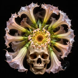 datura flowers and a fractal within a fractal within a fractal within a fractal within a fractal all contained in a human skull and complimented with the most beautiful datura flowers, dynamic lighting, datura, angel's trumpet