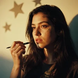 beautiful young latino woman with gutterpunk pen ink face tattoos at golden hour, paper stars in background, cinematic diane arbus, leica s, fuji 8 0 0, grainy, low light