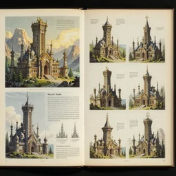 page of encyclopedia color illustrations : : fantasy architecture, diagrams showing various fantasy architecture styles, nature, insanely detailed, informative texts and graphs