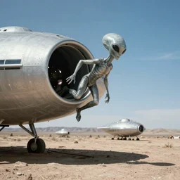 HD Photo of a Whitley Strieber Grey Alien climbing out of a crashed flying saucer in the Roswell New Mexico desert.