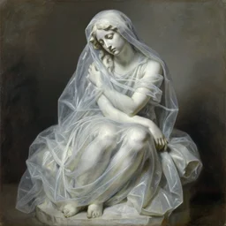sculpture of a sad fragile beautiful veiled girl covered in translucent flowing dress, exaggerated drapery, classical greece, alla prima, oil painting, by giovanni strazza and raffaelo monti