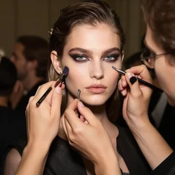 A beautiful portrait of Abby Champion as a model at Paco Rabanne fashion show Paris Spring/Summer 2018, highly detailed, in the style of cinematic, fashion week backstage,  makeup by Pat Mcgrath, shot by Greg rutkowski