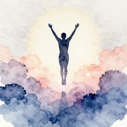 a beautiful watercolor painting of a silhouetted figure's ascension into the light, digital painting, artstation, concept art, art by delphin enjolras, smooth, sharp focus, dynamic lighting, ultrarealistic, cinematic, octane render, 8 k
