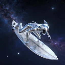 the reflective silver surfer flying through the cosmos, artstation, beautiful, detailed.
