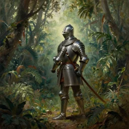 a Dutch knight exploring a Jurassic jungle, oil painting by Rembrandt, trending on ar station