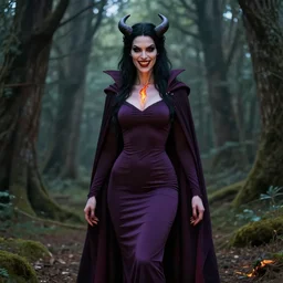 evil fire sorceress in the woods, skintight dress, long cloak, evil, grin, dnd, highly detailed, detailed face, burning hands, fire everywhere, smooth, sharp focus, manga illustration, by artgerm, greg rutkowski, alphonse mucha