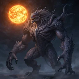 gargantuan eldritch cosmic behemoth devouring the sun, peter mohrbacher, alex grey