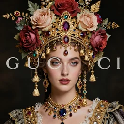 a 65mm fashion headshot portrait of a fairy lady who has rococo dramatic headdress with roses,dressing tassels gemstones,by Ekaterina Belinskaya,Virginie Ropars ,William Holman Hunt,Nekro,GUCCI,DIOR,trending on pinterest,hyperreal,jewelry,gold,maximalist