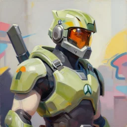 greg manchess portrait painting of master chief as overwatch character, medium shot, asymmetrical, profile picture, organic painting, sunny day, matte painting, bold shapes, hard edges, street art, trending on artstation, by huang guangjian and gil elvgren and sachin teng