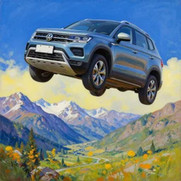 volkswagen taos car flying above altai mountains, beautiful painting by roerich, colorful, highly detailed