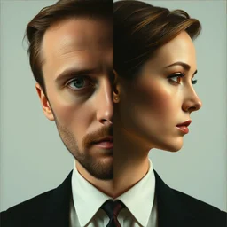 symmetrical half split portrait, edward norton, natalie portman, absurdist portrait painting