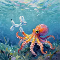 rainbow octopus caught balloon animal under water. art by renoir